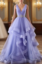 Lavender Tulle V-Neckline Layers Long Sweet 16 Dress, Light Purple Formal Prom Dress Party Dress