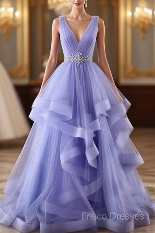 Lavender Tulle V-Neckline Layers Long Sweet 16 Dress, Light Purple Formal Prom Dress Party Dress