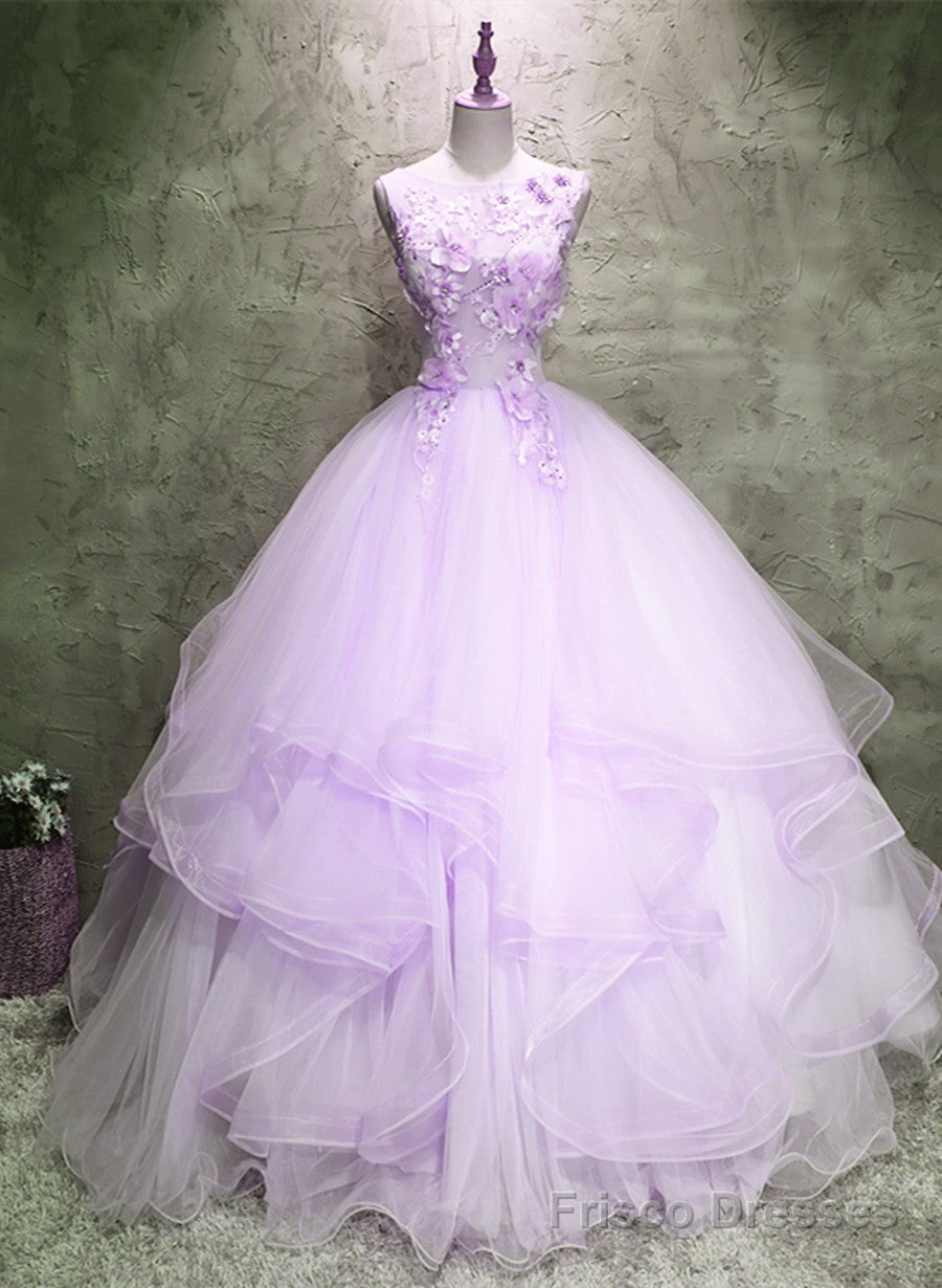Lavender Tulle with Flowers Ball Gown Sweet 16 Dress, Lavender Long Formal Dress Main image