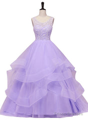 Lavender Tulle With Lace Ruffled Long Formal Gown, Ball Gown Sweet 16 Dress