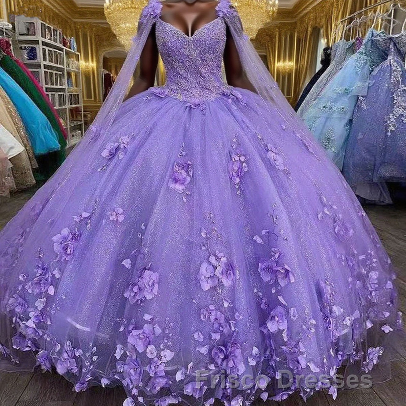 3D Flowers Tulle Sweetheart Ball Gown Quinceanera Dress Purple With Cape Main image