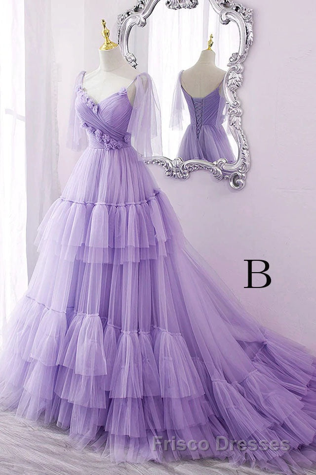 A Line V Neck New Style Tiered Long Tulle Formal Prom Dress, Evening Gown with Flower