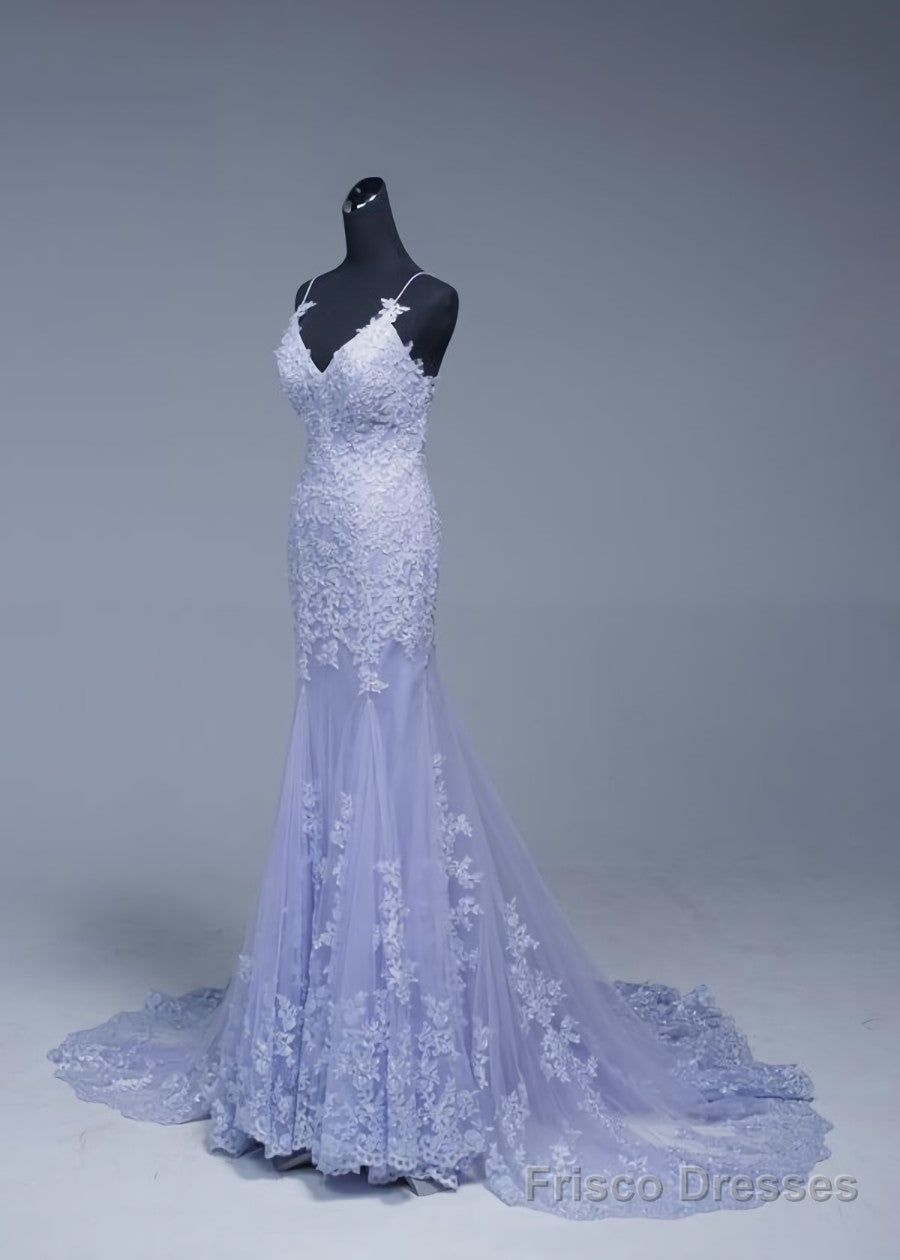 Lavener Tulle with Lace Sheath Spaghetti Straps Evening Dresses, Long Prom Dresses