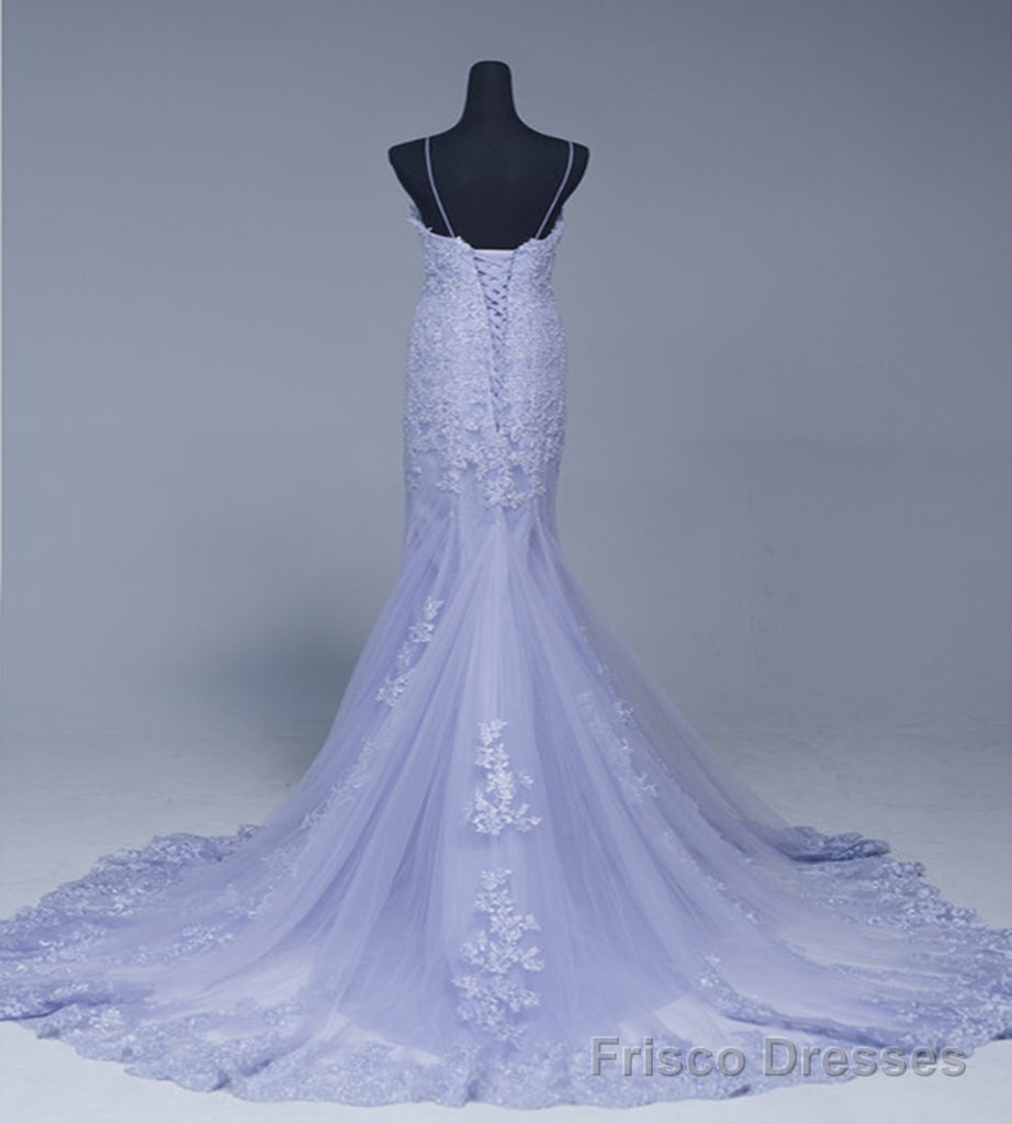 Lavener Tulle with Lace Sheath Spaghetti Straps Evening Dresses, Long Prom Dresses