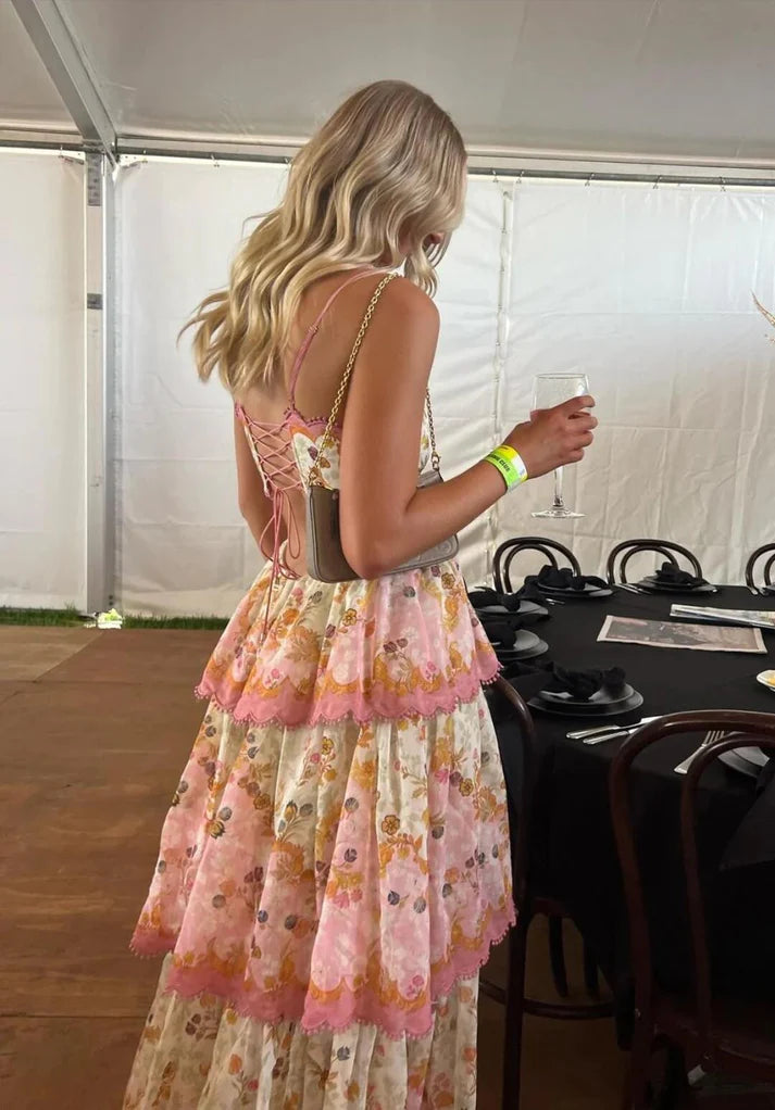 Orange Fashion Sweet Floral Layered Lace Long Prom Dress Evening Gown Garden Party Dress