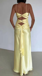 Yellow Fashion Elegant Satin Backless Long Spaghetti Straps Evening Gown Prom Dress