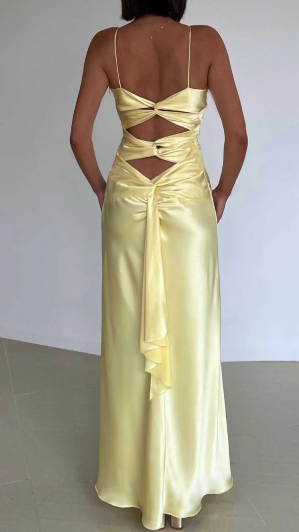Yellow Fashion Elegant Satin Backless Long Spaghetti Straps Evening Gown Prom Dress