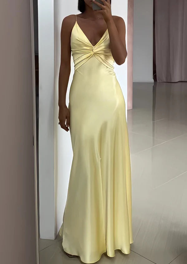 Yellow Fashion Elegant Satin Backless Long Spaghetti Straps Evening Gown Prom Dress