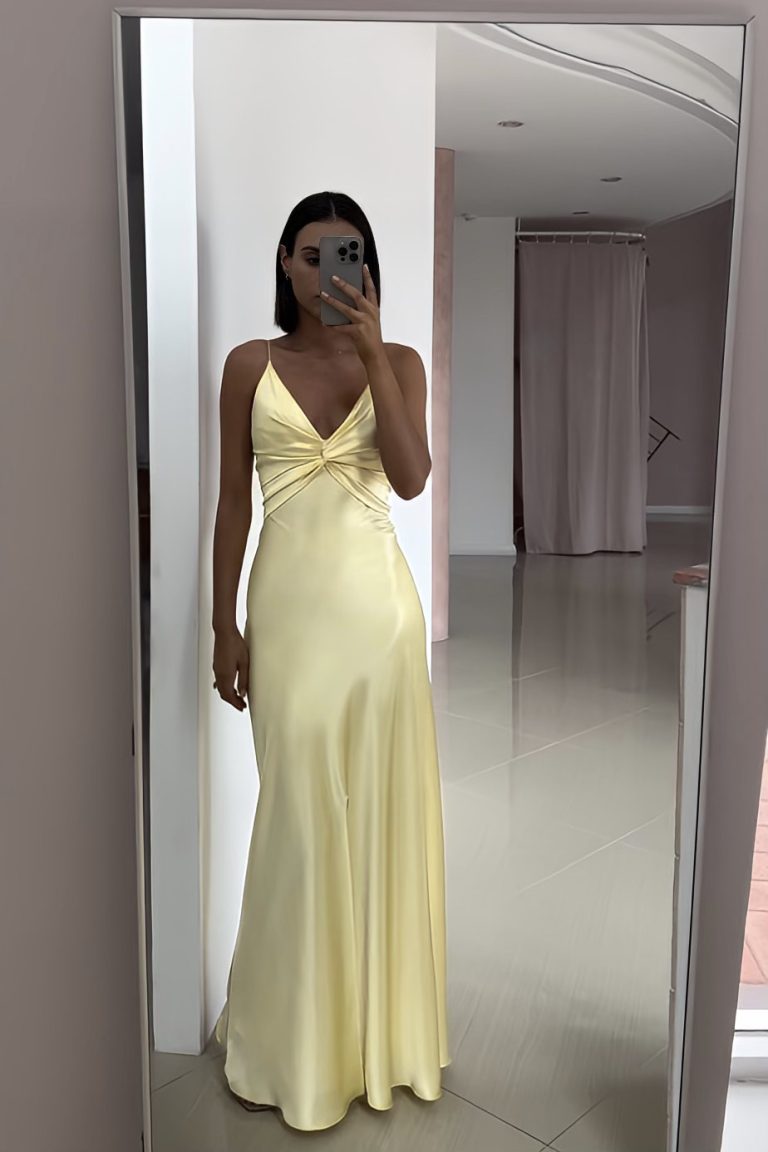 Yellow Fashion Elegant Satin Backless Long Spaghetti Straps Evening Gown Prom Dress Main image