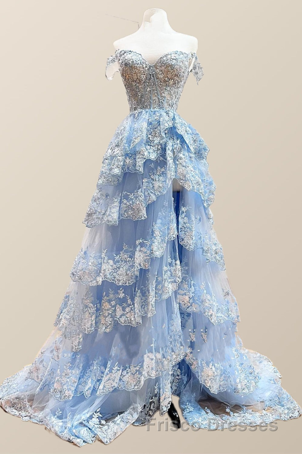 Off the Shoulder Light Blue Appliques Tiered Formal Prom Gown