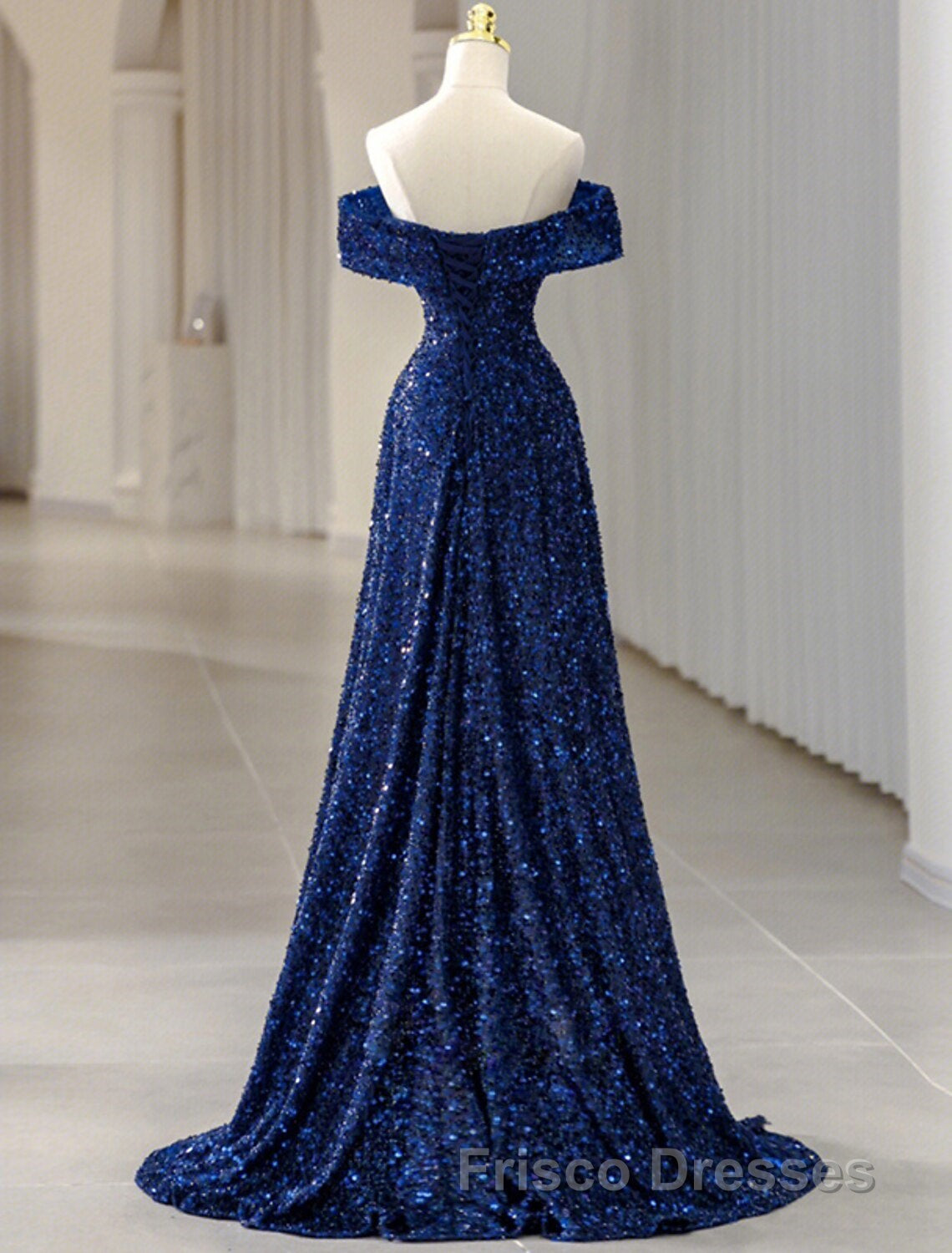 A-Line Evening Gown Elegant Dress Formal Prom Wedding Guest Sweep / Brush Train Sleeveless Off Shoulder Sequined with Glitter Sequin Masquerade Dress Secondary image