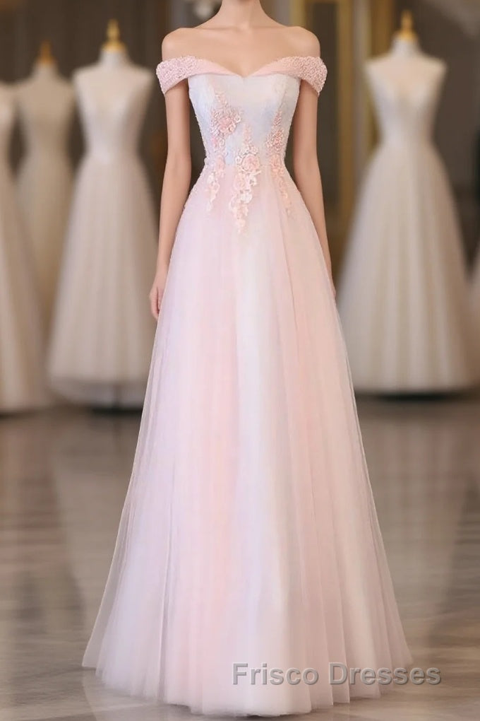 Light Pink Lace Off Shoulder Lonng Formal Prom Dress, Pink Evening Dress Main image