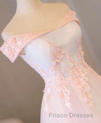 Light Pink Lace Off Shoulder Lonng Formal Prom Dress, Pink Evening Dress