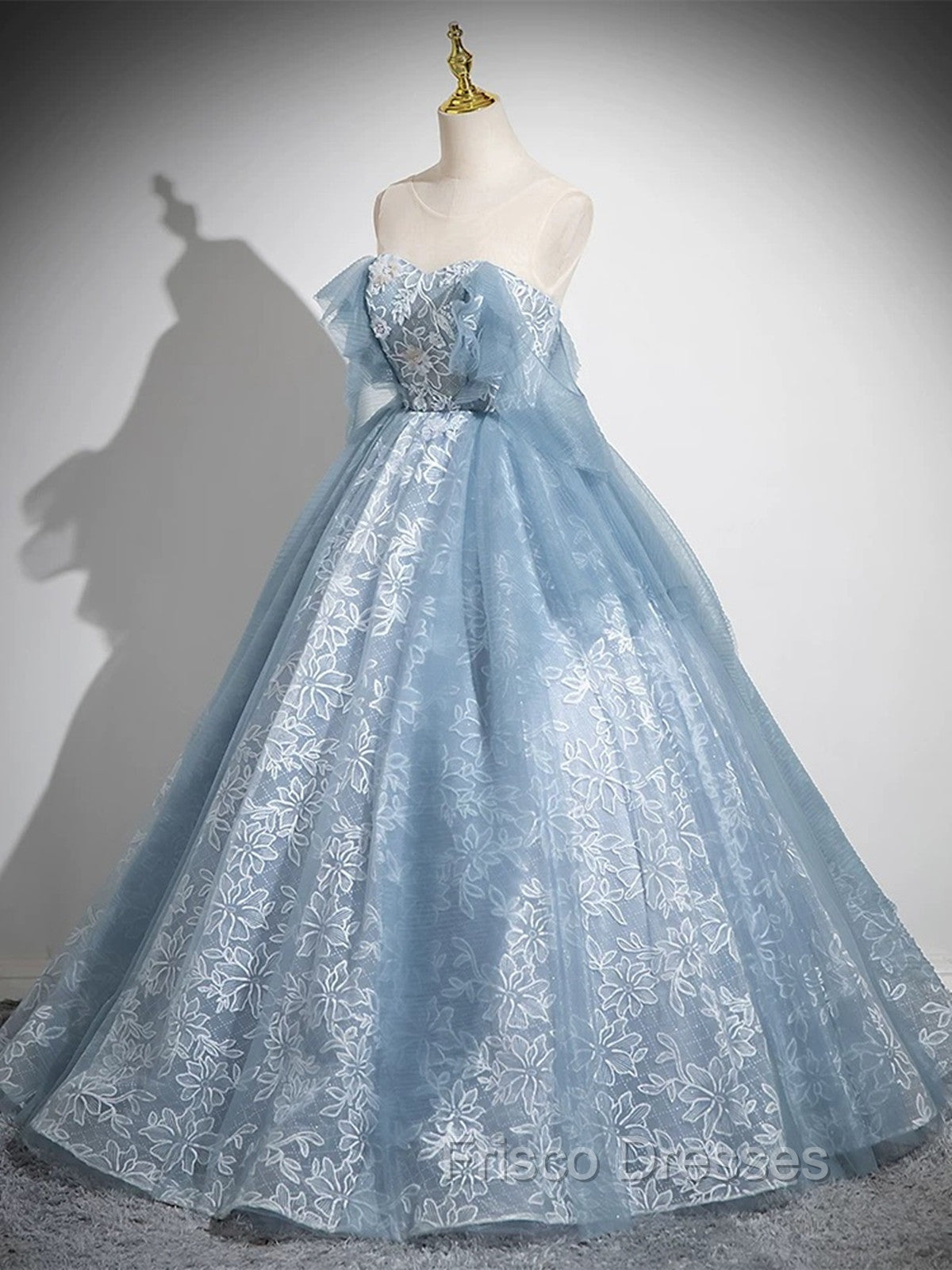 Light Blue A-Line Lace And Tulle Long Party Dress, Blue Round Neckline Formal Prom Dress Secondary image