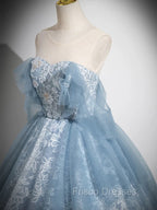 Light Blue A-Line Lace And Tulle Long Party Dress, Blue Round Neckline Formal Prom Dress