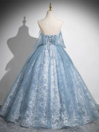 Light Blue A-Line Lace And Tulle Long Party Dress, Blue Round Neckline Formal Prom Dress