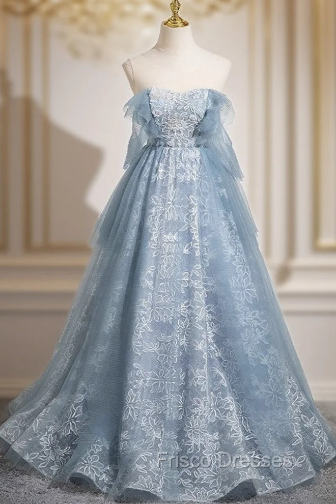 Light Blue A-Line Lace And Tulle Long Party Dress, Blue Round Neckline Formal Prom Dress