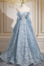Light Blue A-Line Lace And Tulle Long Party Dress, Blue Round Neckline Formal Prom Dress