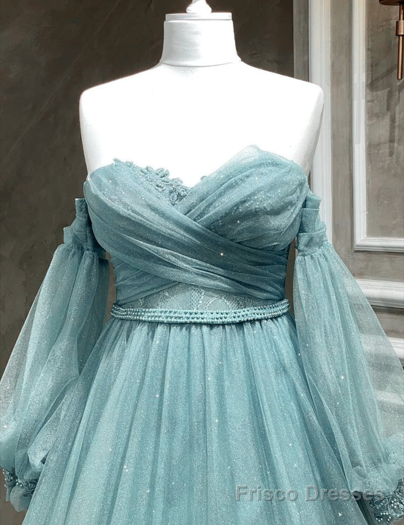 Light Blue A-line Long Sleeves Party Dress with Lace, Sweetheart Long Prom Dress Secondary image