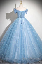 Light Blue A-Line Off Shoulder Tulle Sequins Long Formal Prom Dress Evening Dress