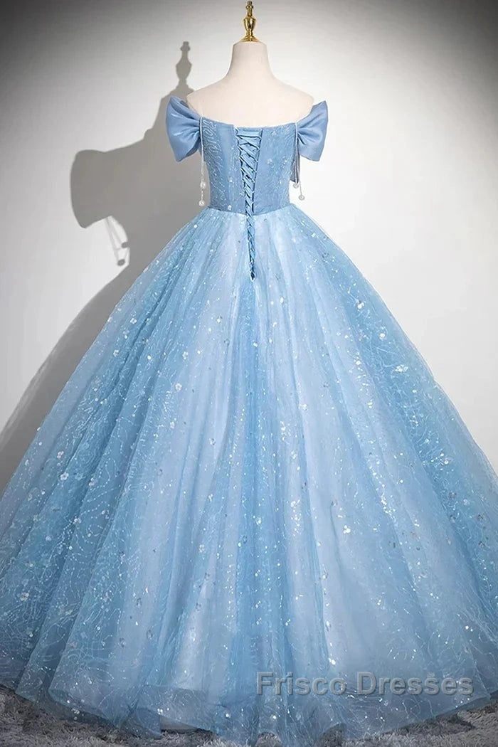 Light Blue A-Line Off Shoulder Tulle Sequins Long Formal Prom Dress Evening Dress