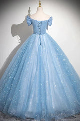 Light Blue A-Line Off Shoulder Tulle Sequins Long Prom Dress Evening Dress
