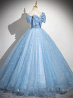Light Blue A-Line Off Shoulder Tulle Sequins Long Formal Prom Dress Evening Dress