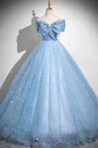 Light Blue A-Line Off Shoulder Tulle Sequins Long Formal Prom Dress Evening Dress