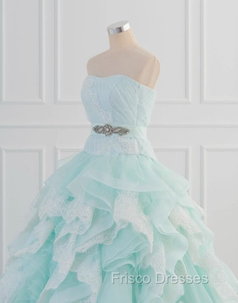 Light Blue A-Line Strapless Tulle Lace Long Formal Prom Dress Vintage Wedding Dress Secondary image