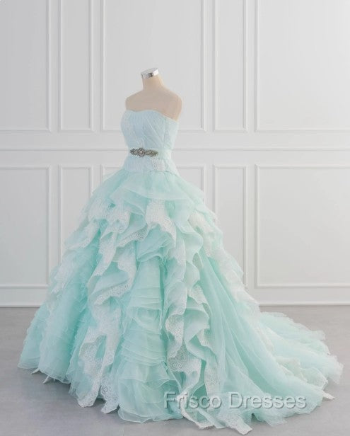 Light Blue A-Line Strapless Tulle Lace Long Formal Prom Dress Vintage Wedding Dress