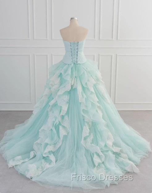 Light Blue A-Line Strapless Tulle Lace Long Formal Prom Dress Vintage Wedding Dress