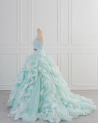 Light Blue A-Line Strapless Tulle Lace Long Formal Prom Dress Vintage Wedding Dress