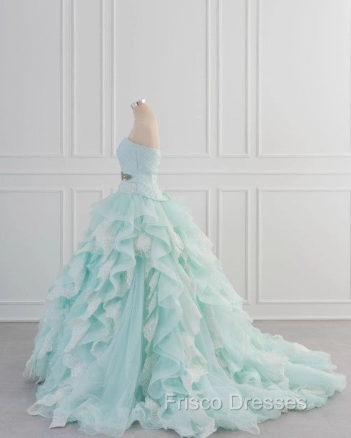Light Blue A-Line Strapless Tulle Lace Long Formal Prom Dress Vintage Wedding Dress