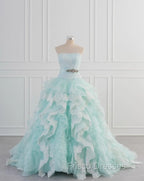 Light Blue A-Line Strapless Tulle Lace Long Formal Prom Dress Vintage Wedding Dress