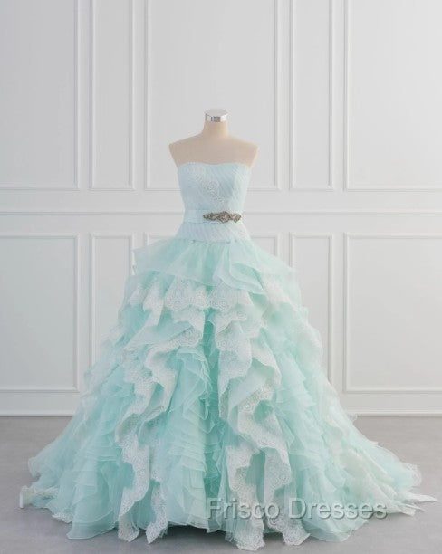 Light Blue A-Line Strapless Tulle Lace Long Formal Prom Dress Vintage Wedding Dress