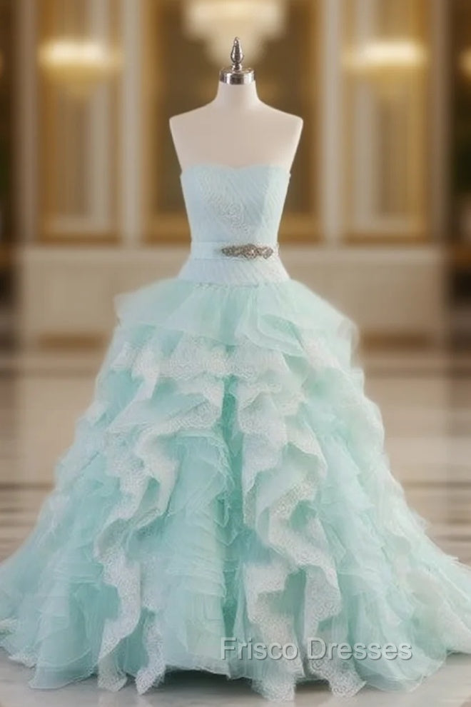Light Blue A-Line Strapless Tulle Lace Long Formal Prom Dress Vintage Wedding Dress Main image