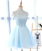 Light Blue Applique Short Prom Dress, Blue Homecoming Dress