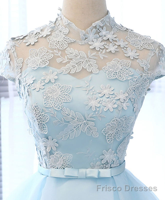 Light Blue Applique Short Prom Dress, Blue Homecoming Dress