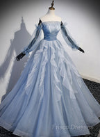 Light Blue Ball Gown Long Sleeves Beaded Party Dress, Light Blue Formal Prom Dress