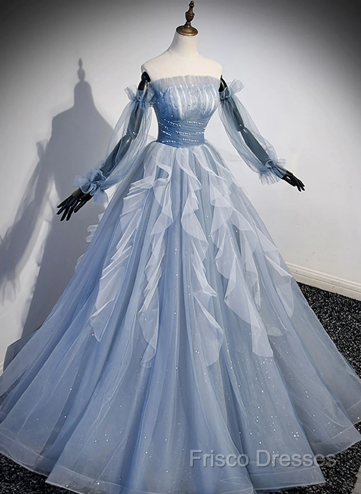 Light Blue Ball Gown Long Sleeves Beaded Party Dress, Light Blue Formal Prom Dress