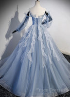 Light Blue Ball Gown Long Sleeves Beaded Party Dress, Light Blue Formal Prom Dress