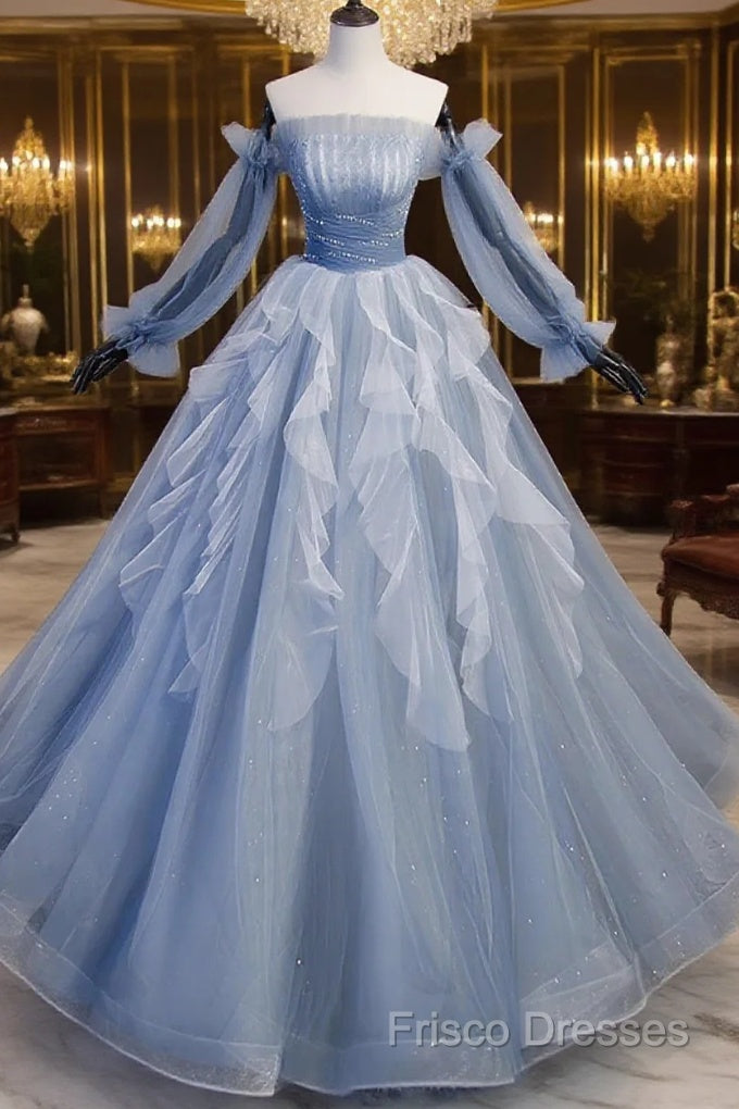 Light Blue Ball Gown Long Sleeves Beaded Party Dress, Light Blue Formal Prom Dress