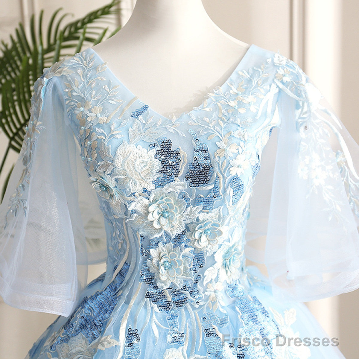 Light Blue Ball Gown V-Neckline Puffy Sleeves Party Dress, Light Blue Prom Dress