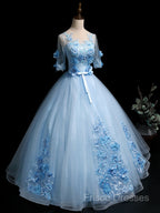 Light Blue Ball Gown With Sleeves Party Dress, Blue Sweet 16 Dress