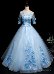Light Blue Ball Gown With Sleeves Party Dress, Blue Sweet 16 Dress