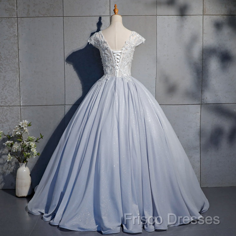 Light Blue Cap Sleeves Lace Top Ball Gown Sweet 16 Gown, Light Blue Formal Prom Dress Formal Dress