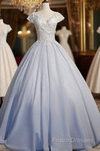Light Blue Cap Sleeves Lace Top Ball Gown Sweet 16 Gown, Light Blue Formal Prom Dress Formal Dress