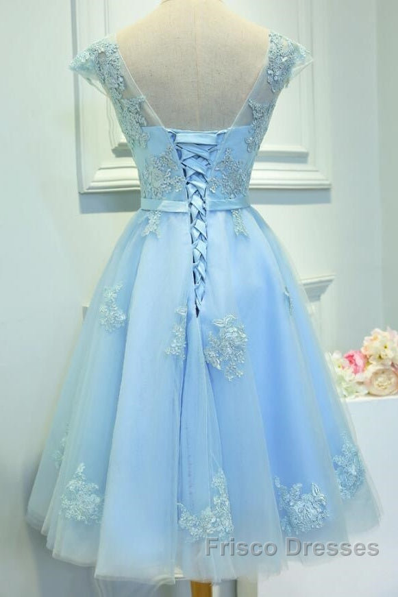 Light Blue Cap Sleeves Tea Length Vintage Style Formal Dress, Blue Hom