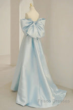 Light Blue Chic Satin Off Shoulder Long Party Dress, A-Line Light Blue Formal Dress