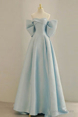 Light Blue Chic Satin Off Shoulder Long Party Dress, A-Line Light Blue Formal Dress